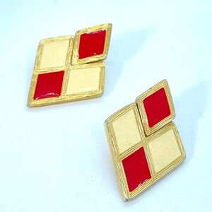 BJI Cream & Red Diamond Shaped Vintage Pierced Earrings